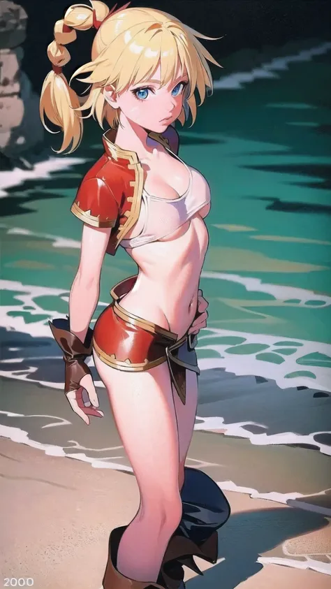 1 adult woman, character "Kid" from chrono cross, kid (chrono cross), ((mature face)), 20 years old, yellow hair in a high braided ponytail, (medium-small bust:1.4), standing on white sandy beach, in various fighting poses, fitted jacket 3/4 cropped (red),...