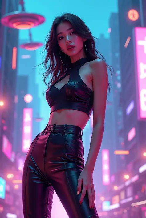 Korean female idol in an electric city