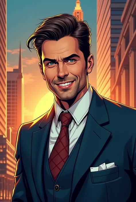 (Panorama) In a serious, comic book style. The whole look Julian Tkacz is a handsome man with impeccable manners and a charming smile. Nosi eleganckie garnitury i dba o swój wygląd, giving the impression of a professional and successful person.