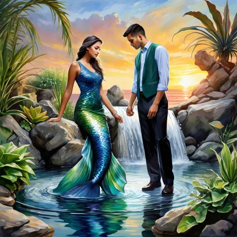 fusion of acrylic and watercolor paints (beautiful fusion of blue and green) and gray, finger painted artworks, Woman with a fish tail next to a young man in old-fashioned clothing together in a water fountain surrounded by rocks, plants and water, with su...