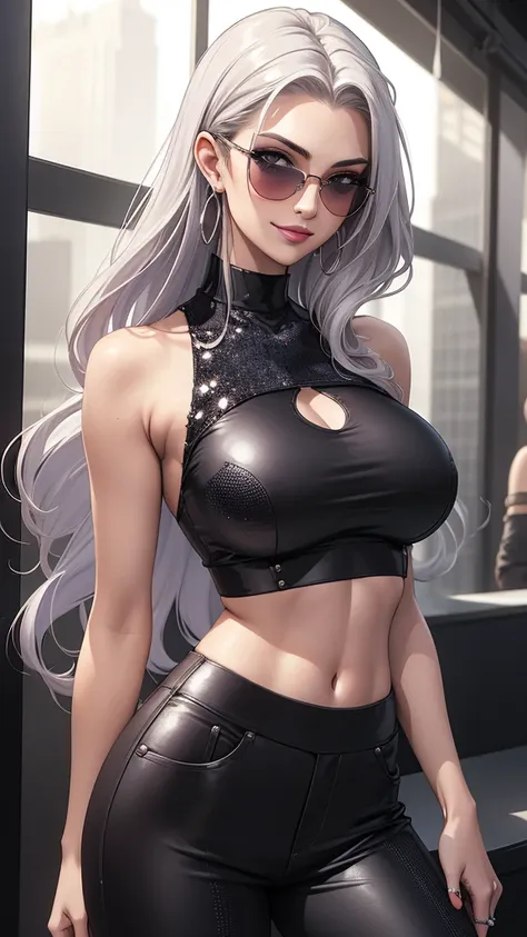 ((best quality)), ((masterpiece)), detailed, realistic, beautiful cool woman with long silver hair, wearing a cool sleeveless se...