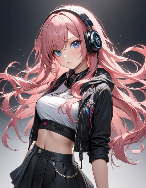 1 girl, pink hair, Long hair, blue eyes, large , narrow waist, Jewelry, headphones, Mini-Rock, black skirt, high resolution, Masterpiece, Super detailed, 