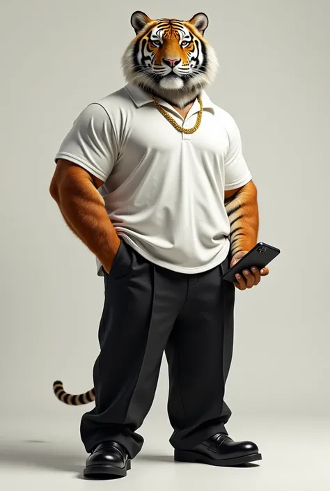 A muscular tiger dress in big white Polo with gold chain and a big black trouser and  big shoe holding iPhone 16