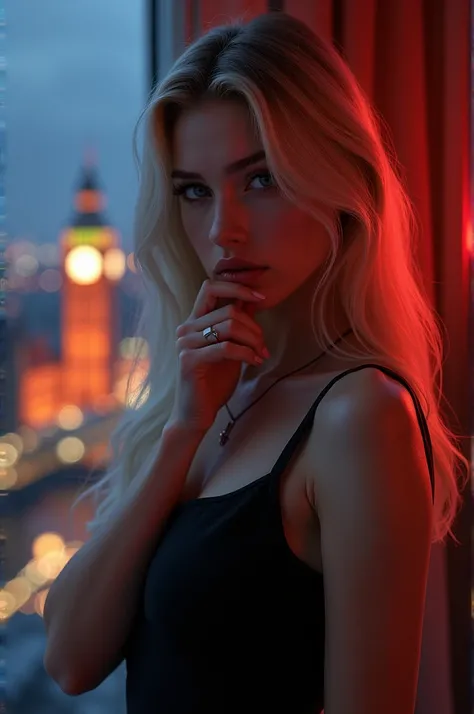 Beautiful woman, with Russian features, Tez blanca, bright blue eyes and long, abundant blonde hair. She wears a small necklace around her neck., a black dress. He is standing with one hand over his mouth and is in a room with a large window in the backgro...