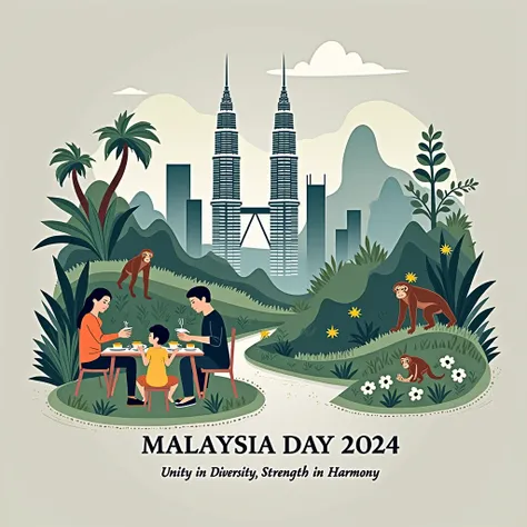 Create a minimalist yet powerful image for Malaysia Day 2024. Focus on Malaysia’s unique cultural and natural diversity. Feature iconic Malaysian landmarks such as the Petronas Towers and Mount Kinabalu in a subtle, stylized form. Surround them with repres...