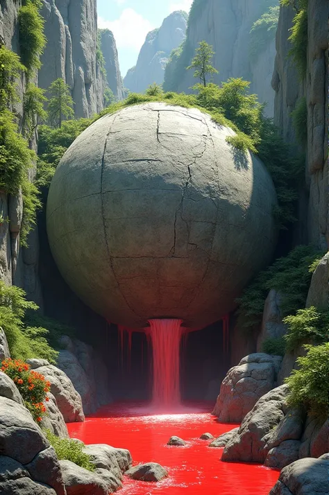 A natural stone ball with vegetation of 50 meters in diameter between two cliffs, Red water flows from it