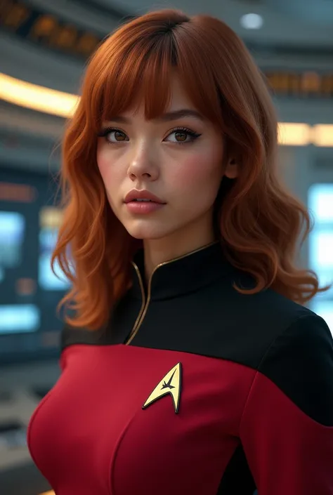 A girl with dark, wavy orange hair,  with bangs , with dark brown slanted eyes and olive complexion  , thin lips and in a Star Trek uniform 
