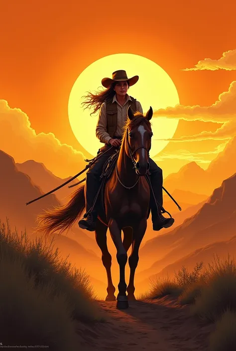 illustration sunset old west woman riding 