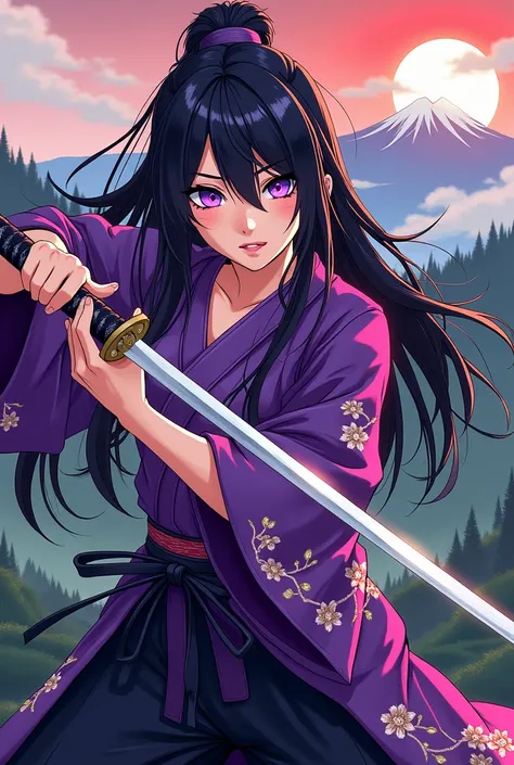 What would she look like? Her name is Tsuki, she is a samurai. 

*With black hair with some purple streaks, with bright purple eyes with her purple Kimono and black hamaka*

Manga type He is trained with his Katana 