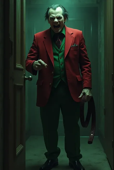 an angry and diabolical psychopath man wearing a redburgundy suit and green pants with a belt in his hand about to attack anyone at a dark black room