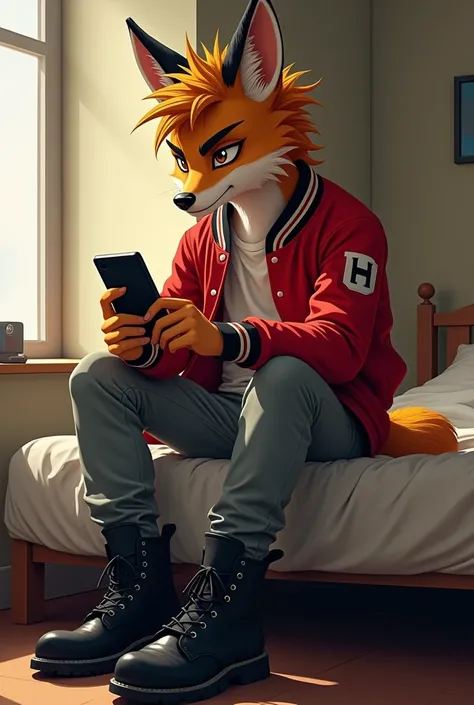 An anthropomorphic Zorro of the Borochi race, a tall fox with messy hair, He wears a red varsity bomber jacket, grey pants, black boots, He is sitting on his bed looking at his phone