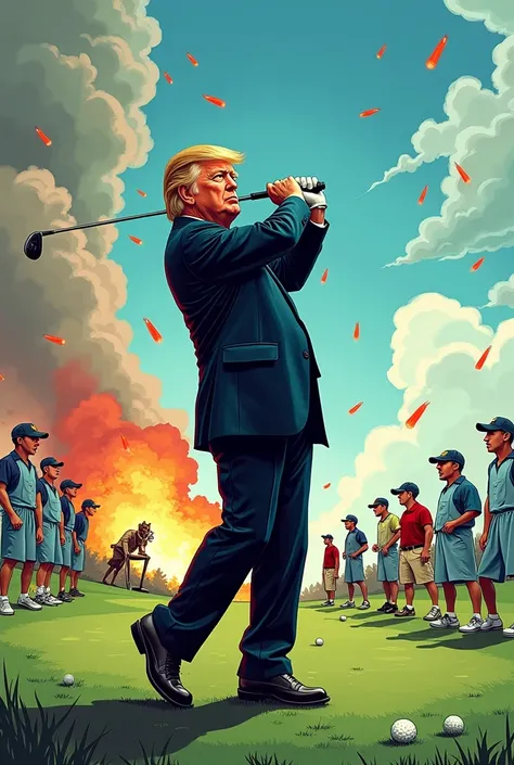 Donald Trump golfing while bullets flying over his head comic style 