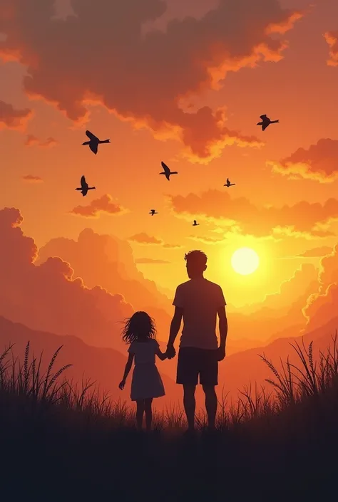 A design for a tattoo on the male chest, focused on a father and his daughter in a moment of affection, holding hands. They face a serene horizon, with the setting sun in the background, lighting up the sky in shades of orange, pink and gold. Several birds...