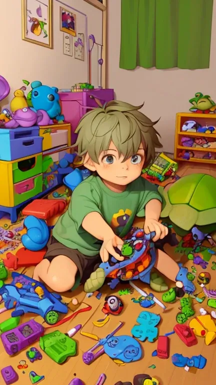 -	A cute little turtle named Timmy playing with his toys in his room. All the toys are scattered around making a mess