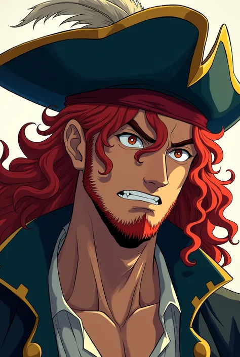 Portrait of a pirate in anime style, The pirate has curly red hair, He has a pirate hat, The head is tilted upwards and is more focused on the left profile.