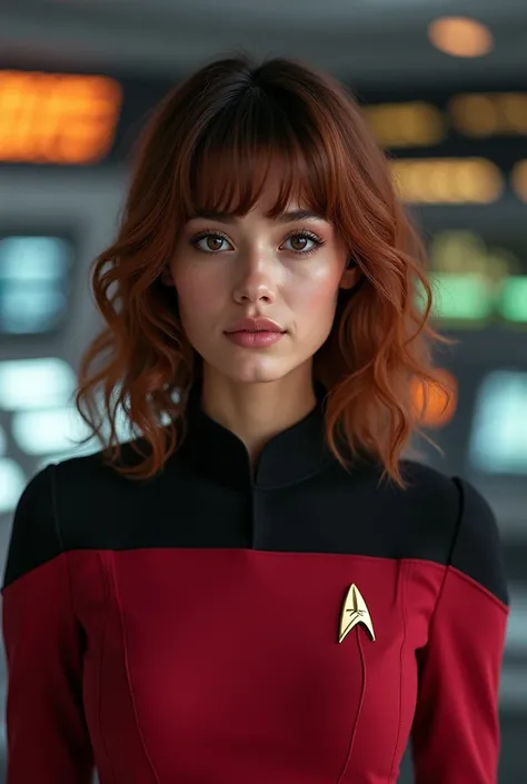 A girl with dark, wavy orange hair,  with bangs , with dark brown slanted eyes and olive complexion  , thin lips and in a Star Trek uniform 
