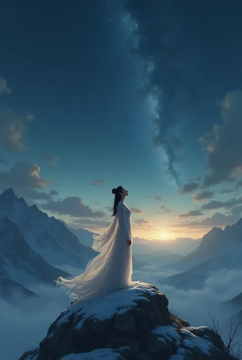  Korean idol woman on a mountain watching the starry sky