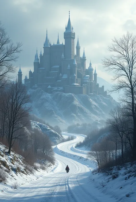 Ultrarealistic image of a road leading to a large walled fantasy 13th century city in the winter time from a distance 8K, Fujifilm, Hyperrealistic