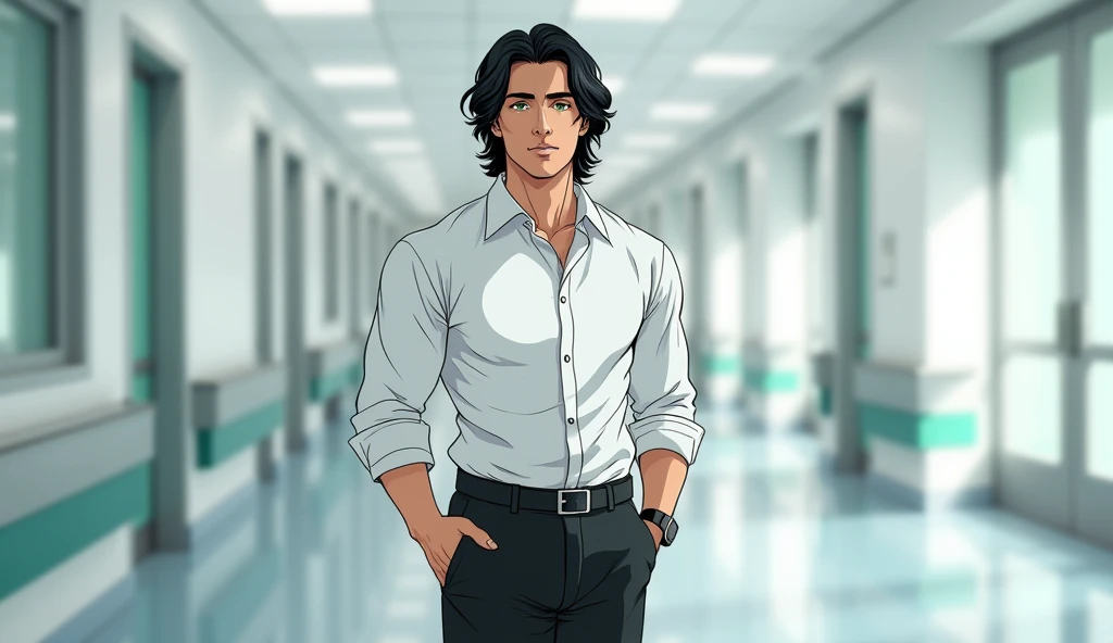 A man of average height with long, shoulder-length black wavy hair  ,perfect face, beautiful,  wearing a white dress shirt, black dress pants with a calm look, your eyes are green and expressive, and your mouth is well drawn ,His physique is athletic, he i...