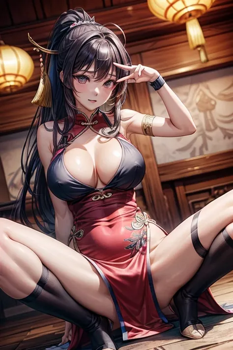 ,Best Quality,masterpiece,Very detailed CG,Big Boobs,ponytail,Black and pink form-fitting Chinese dress,Spread your legs,