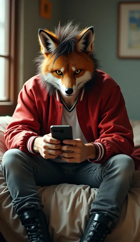 An anthropomorphic Zorro of the Borochi race, a tall fox with messy brown hair, He wears a red varsity bomber jacket, grey pants, black boots, He is sitting on his bed looking at his phone