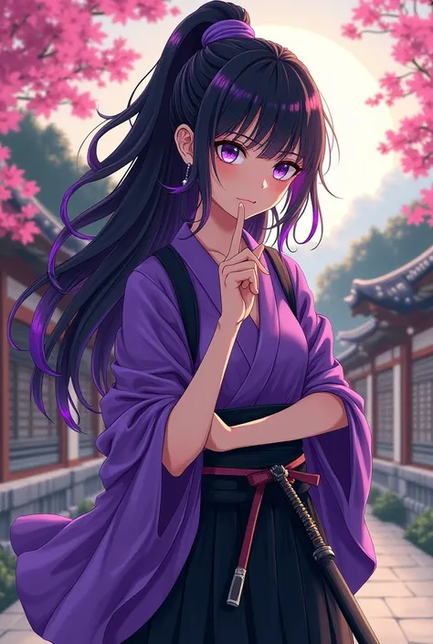 What would she look like? Her name is Tsuki, she is a samurai. 

*With black hair with some purple streaks, with bright purple eyes with her purple Kimono and black hamaka*

Manga type Raised one finger with a thoughtful face 