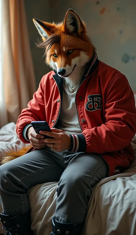 An anthropomorphic Zorro of the Borochi race, a tall fox with messy brown hair, He wears a red varsity bomber jacket, grey pants, black boots, He is sitting on his bed looking at his phone