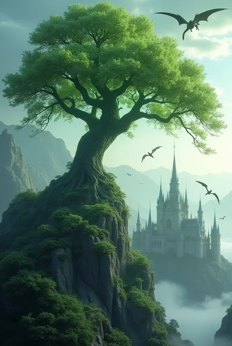 A big nature tree on top of a mountain with light green lights on the tips and a castle in the background and dragons flying black and white.