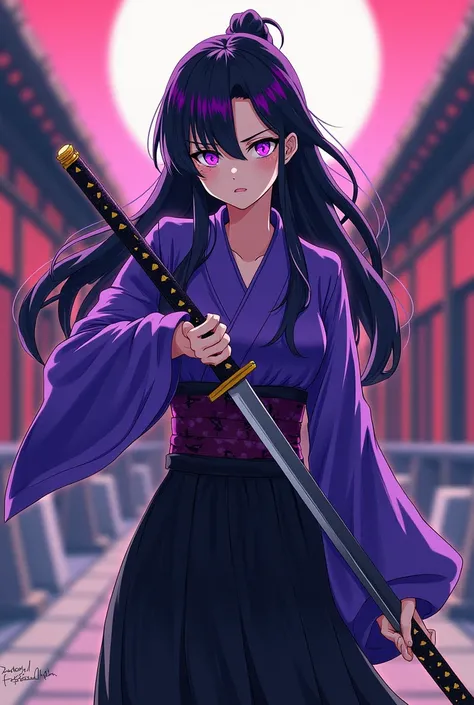 What would she look like? Her name is Tsuki, she is a samurai. 

*With black hair with some purple streaks, with bright purple eyes with her purple Kimono and black hamaka*

Manga type With his Katana on his chest 