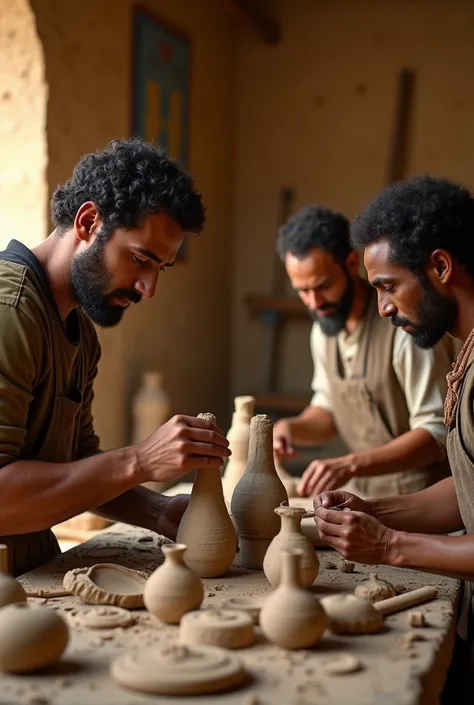 Ancient Egyptians crafting canopic jars, skilled artisans, focused and creative, in a workshop, molding and painting jars, tools and clay scattered around, medium shot, hyper-realistic, photo realism, cinematography -ar 9:16