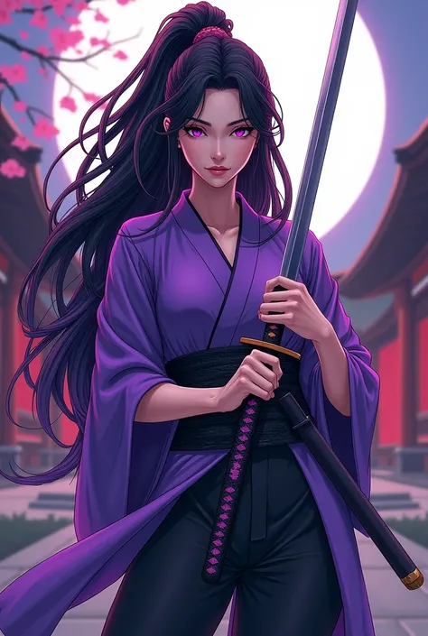 What would she look like? Her name is Tsuki, she is a samurai. 

*With black hair with some purple streaks, with bright purple eyes with her purple Kimono and black hamaka*

Manga type With his Katana on his chest 