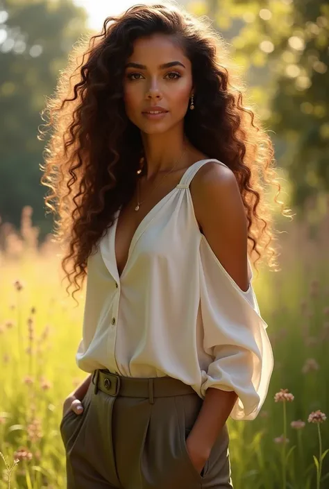 (photorealism: 1.2), beautiful woman, standing, looking forward, wearing loose shoulderless blouse, dress pants, long curly hair, sunlight, model pose, realistic, by Greg Rutkowski, by Alphonse Mucha