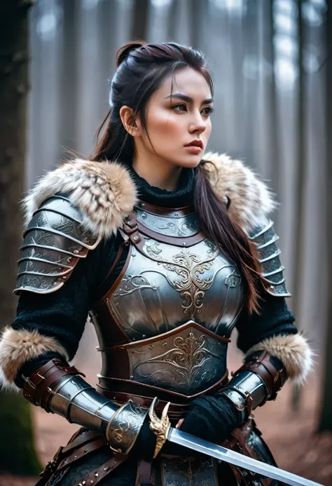 A  woman warrior with large breasts, wearing a fur-lined armor, holding a sword, solo portrait, dark fantasy, 