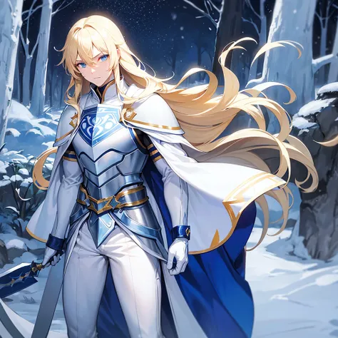 Muscular man, blue eyes, (long blonde hair), pale skin, blue cape, ((white armor)), white clothes, fur collar, in a snowy forest, solo, cowboy shot, looking at the viewer, masterpiece