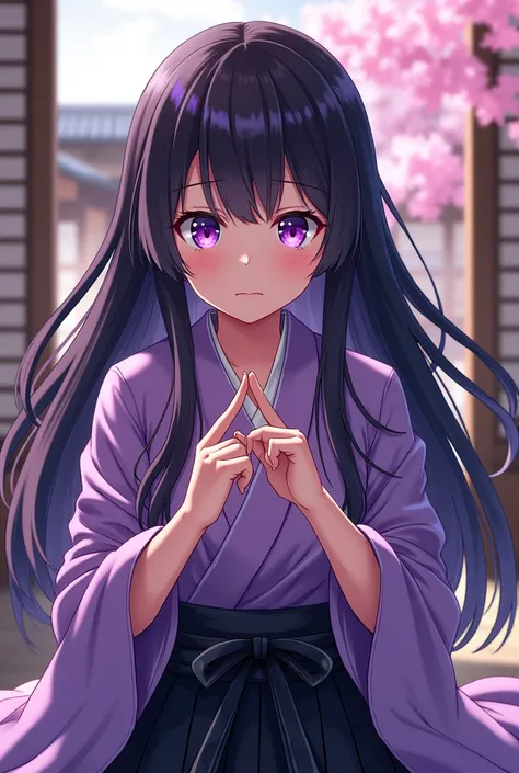 What would she look like? Her name is Tsuki, she is a samurai. 

*With black hair with some purple streaks, with bright purple eyes with her purple Kimono and black hamaka*

Manga type Playing with her fingers a little embarrassed