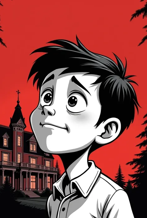 generate this image:   a boy in high contrast black and white , cartoon style, red background, he is in full body and with an expression of wonder and awe and fright at seeing a beautiful mansion to which he has an emotional attachment