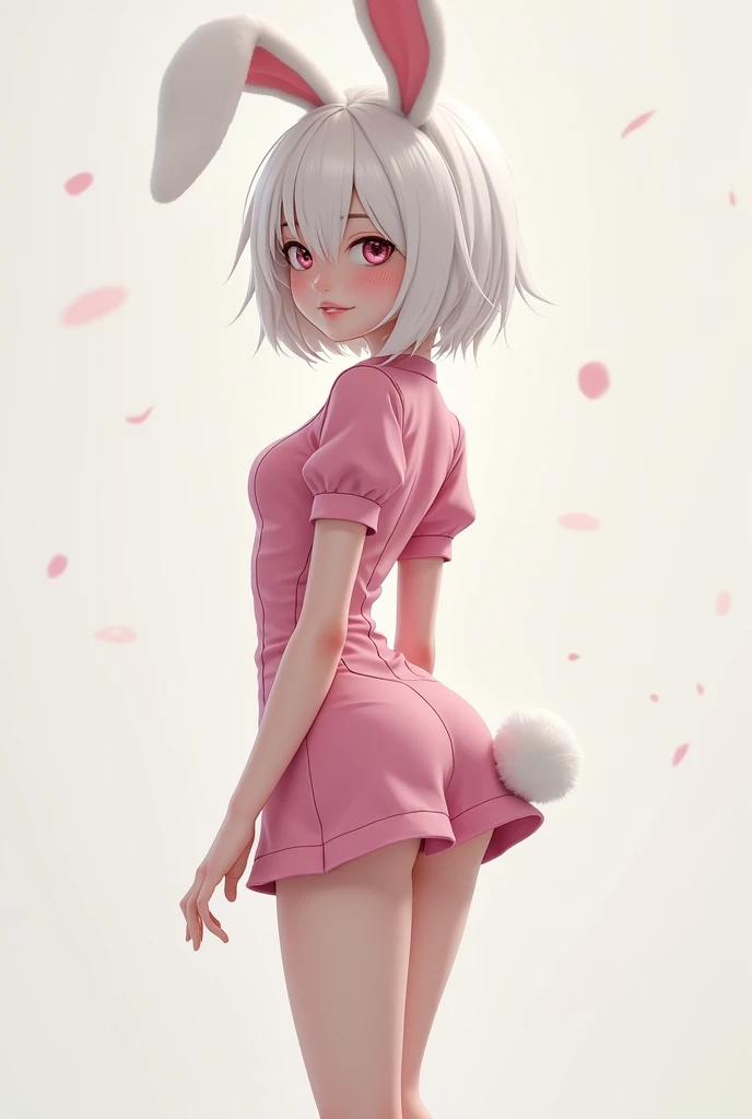 Create a femboy boy with white hair bunny ears and tail with a bit of pink in a short, long-sleeved, dark pink nurse outfit and be a flat boy with a nice butt 