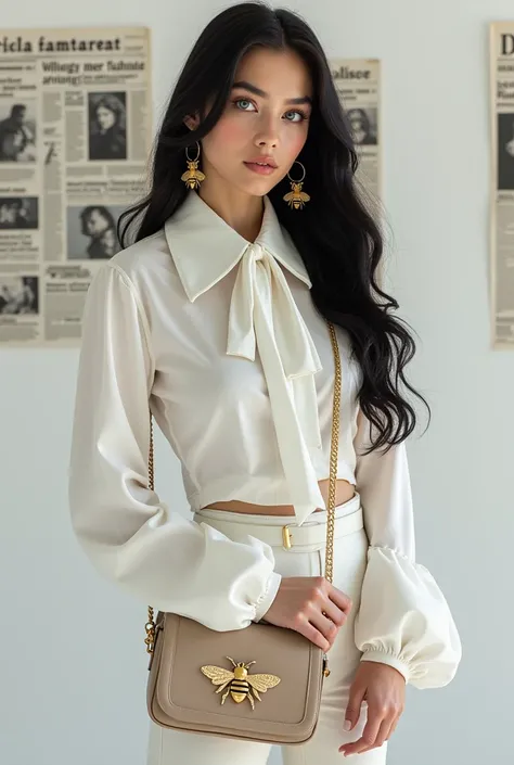 Beautiful girl with long black hair and blue eyes (similar to Dua Lipa )with large white blouse with long collar sleeves with large white boots with gold chains with round gold earrings like the light brown bag with bee details (white background with detai...