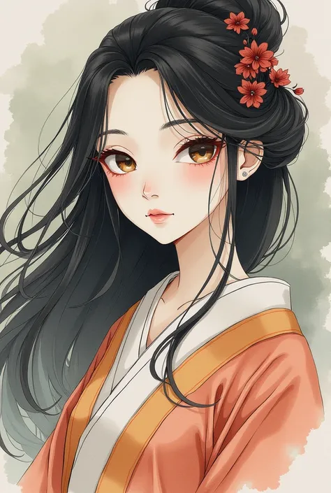 Lady of Edo、Slit eyes、High nose、 Discreet mouth、Egg-shaped contour、Edo painting、Watercolor、composition、Golden Ratio、Functional、grace、Flowing Hair、Traditional Kimono、effect、Delicate facial features、detail、emotion、charm、background、Soft colors、blend、Mysteriou...