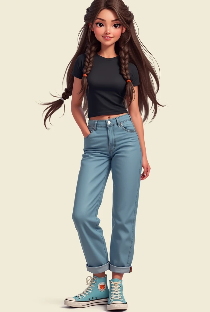 Hair: Two braids from the roots in brown color (Brown) hanging on the sides of the head. Clothes: t-shirt: black, adjusted. Jean: sky blue, casual cut. shoes: color gris, comfortable or casual style. chuck: light blue with a drawing of an orange kitten on ...