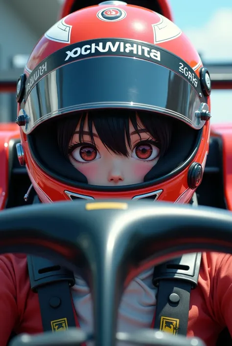 1girl is wearing F1 helmet, (((SHOEI helmet))), circuit, ((sitting F1 cockpit)), hard breathing, Japanese girl, cute girl, black hair, (((racing helmet))), (((fullface helmet:2.0))), ((covered mouth)), covered nose, (((too small face area))), latex bodysui...