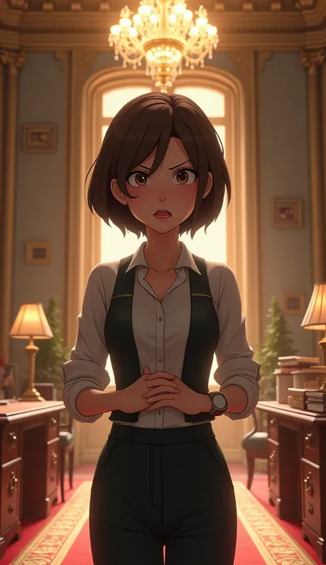 Masterpiece, Excellent, (Office: 1.8), CG drawing with super high detail, Stand, 1 royal sister, angry, a woman with short brown hair, Layered clay, Hands clasped at the waist, With a view to the audience, Illustration, wide angle panorama