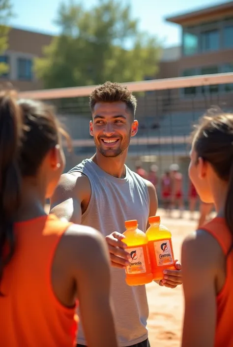 Young man giving Gatorade to volleyball players

