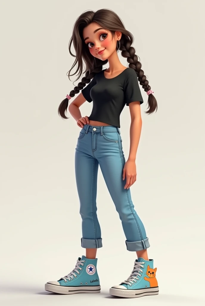 Hair: Two braids from the roots in brown color (Brown) hanging on the sides of the head. Clothes: t-shirt: black, adjusted. Jean: sky blue, casual cut. shoes: color gris, comfortable or casual style. chuck: light blue with a drawing of an orange kitten on ...