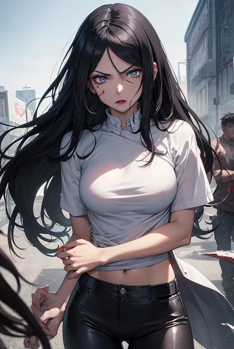 Woman with long jet black hair,dark blue eyes,light skin,red lips,big breasts,small waist,leather clothing,White shirt,dark kangaroo, expression of intense pain ,with serious injuries to his arm and face,grabbing his arm bleeding too much,with rotting zomb...