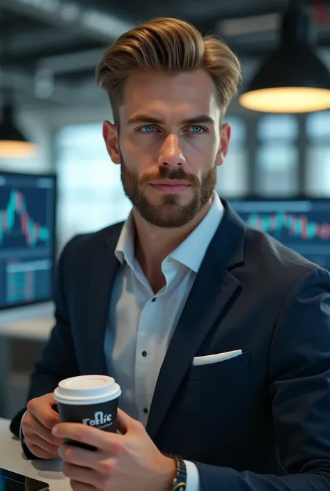 Young man, blonde, blue eyes with beard and from the area of economic business. Trader