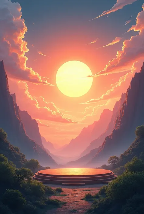 Create a stage with the sun in the sky animated in realistic style 