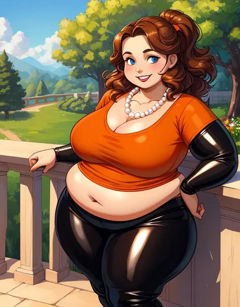 masterpiece, best quality, 1girl, portrait, 44yo woman, shoulder-length brown hair with some curly, blue eyes, medium breasts, round face, fat face, mascara, red lipstick, fat, chubby, round belly, plump body, ((Wearing: Orange V-neck shirt, pearl necklace...