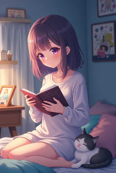 it&#39;s night, Anime girl in bedroom sitting writing in a notebook while listening to music, your kitten is sleeping next to
