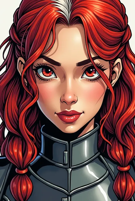 cómic-like portrait of one 2 woman, bastard of viserys i targaryen. has red, fluffy hair with a strand of white hair in the middle. wears a valyrian steel armor, and has red eyes with a witty and mischievous expression. she’s the rider of canibal, dragon f...